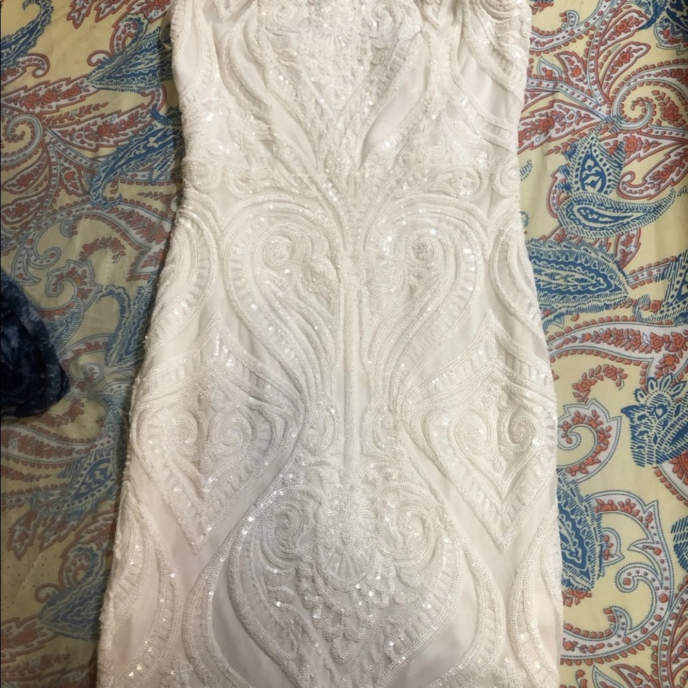 White short strapless sequin dress